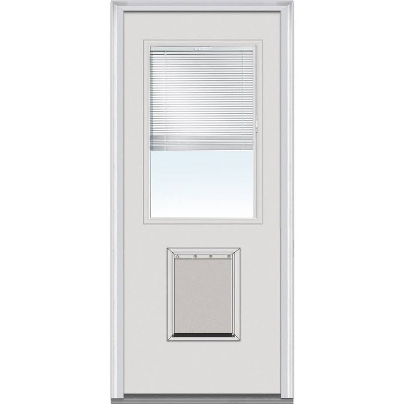 National Door Company Steel Exterior Door, Primed, 1/2 Lite with Clear Glass Internal Blinds & Pet Door, Right Hand Inswing, 32x80