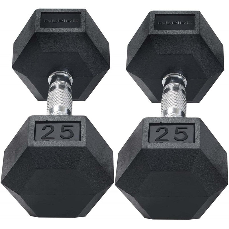 Inspire Fitness 210 lb. (5-30 lb.) Rubber Dumbbell Set with 6 pair Vertical Rack