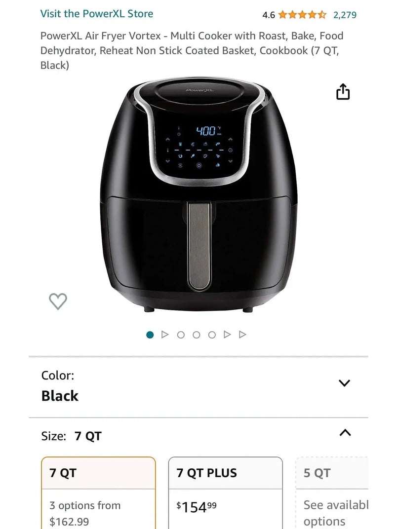 PowerXL Air Fryer Vortex Multi-Cooker, Roast/Bake/Dehydrate/Reheat, Non-Stick Basket, Includes Cookbook