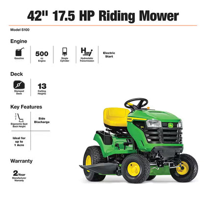 John Deere S100 42-in Riding Lawn Mower 17.5-HP Gas Hydrostatic Drive