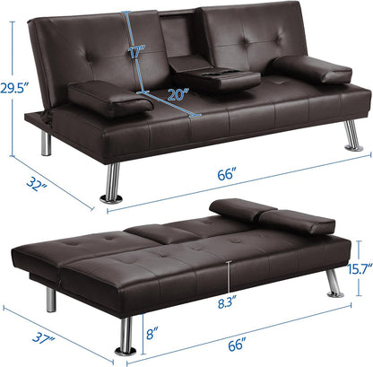 Yaheetech Convertible Sofa Bed Adjustable Couch Sleeper Modern Faux Leather Home Recliner Reversible Loveseat Folding Daybed Guest Bed, Removable Armrests, Cup Holders, 3 Angles, 772lb Capacity, Black
