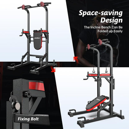 Pooboo Power Tower Dip Station, Pull-Up Bar, Supine Board, Adjustable