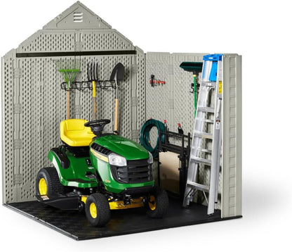 Rubbermaid Resin Outdoor Storage Shed With Floor (7 x 7 Ft) Weather Resistant Gray Organization for Home/Backyard/Garden Tools/Lawn Mower/Bike Storage/Pool Supplies