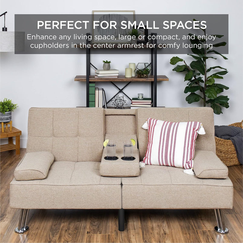 Best Choice Products Linen Upholstered Modern Convertible Folding Futon Sofa Bed for Compact Living Space, Apartment, Dorm, Bonus Room w/Removable Armrests, Metal Legs, 2 Cupholders - Gray