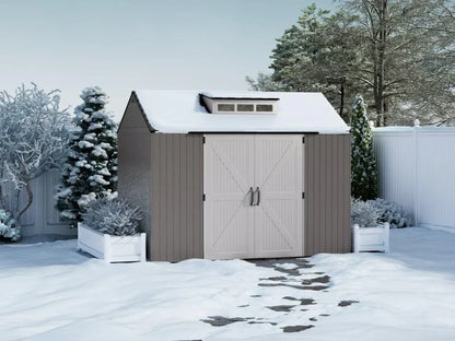Rubbermaid Resin Outdoor Storage Shed With Floor (7 x 7 Ft) Weather Resistant Gray Organization for Home/Backyard/Garden Tools/Lawn Mower/Bike Storage/Pool Supplies