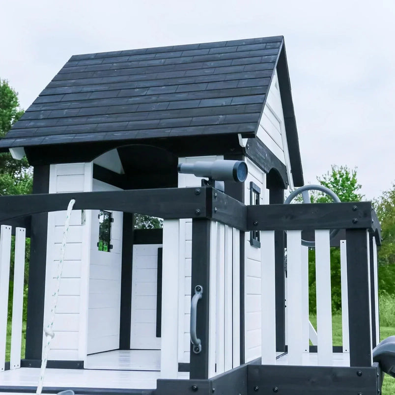Backyard Discovery Canyon Creek Cedar Wood Swing Set with Wave Slide, Clubhouse, Play Kitchen, Picnic Area, Belt Swings, Web Swing, Rock Wall, Balconies, Playhouse, Step Ladder, Outdoor Playset