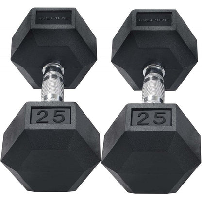 Inspire Fitness 210 lb. (5-30 lb.) Rubber Dumbbell Set with 6 pair Vertical Rack