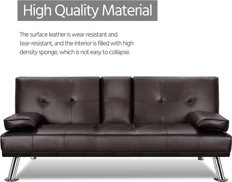 Yaheetech Convertible Sofa Bed Adjustable Couch Sleeper Modern Faux Leather Home Recliner Reversible Loveseat Folding Daybed Guest Bed, Removable Armrests, Cup Holders, 3 Angles, 772lb Capacity, Black