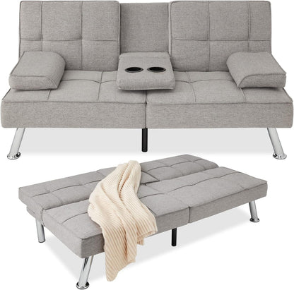 Best Choice Products Linen Upholstered Modern Convertible Folding Futon Sofa Bed for Compact Living Space, Apartment, Dorm, Bonus Room w/Removable Armrests, Metal Legs, 2 Cupholders - Gray