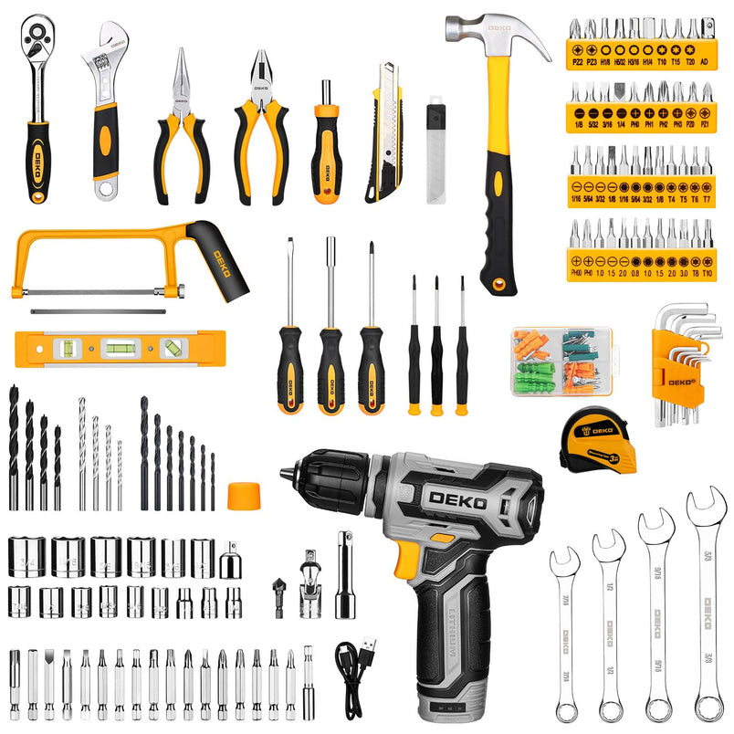 Tool Kit Box Drill Set: DEKOPRO Home Mechanic Toolbox with 12V Power Cordless Drill